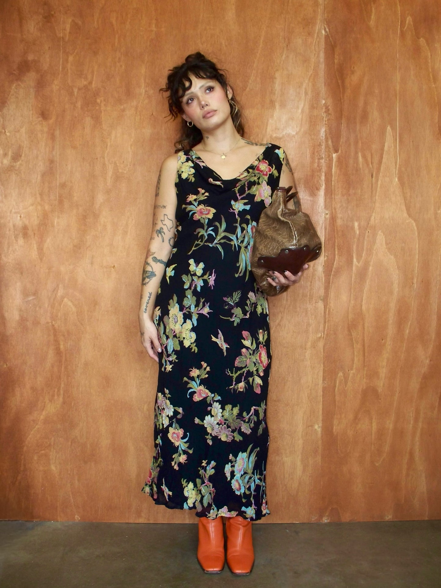 90s Floral Cowl Neck Maxi Dress (M)