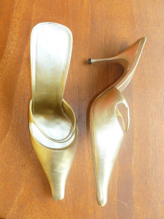 Prada Metallic Gold Pointed Toe Kitten Heel (40)