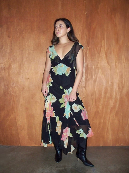 100% Silk Floral Layered Maxi (M)