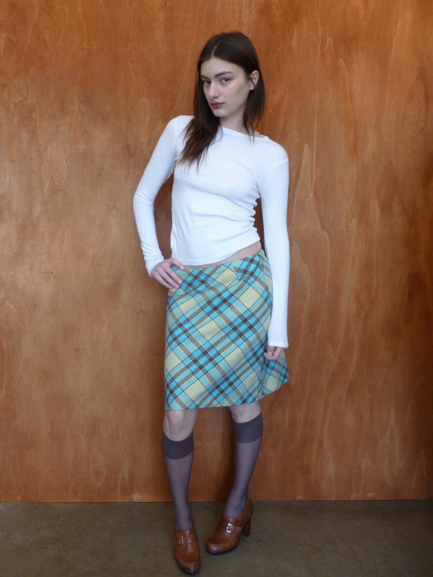 Butter, Blue & Brown Plaid Skirt (L)