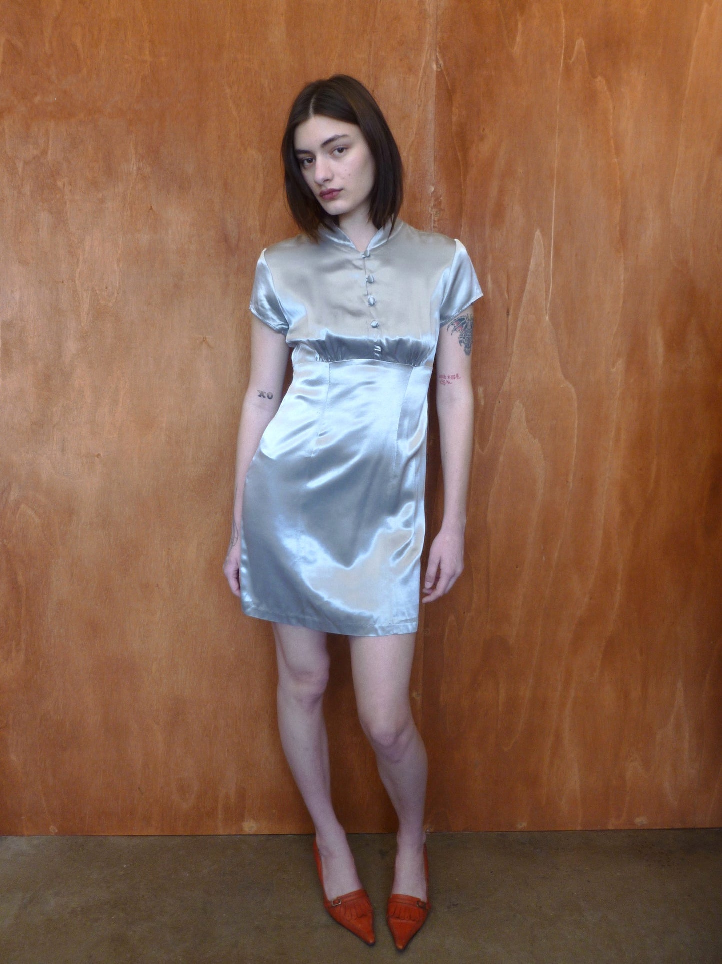 Grey Satin Mandarin-Collar Dress (S/6)