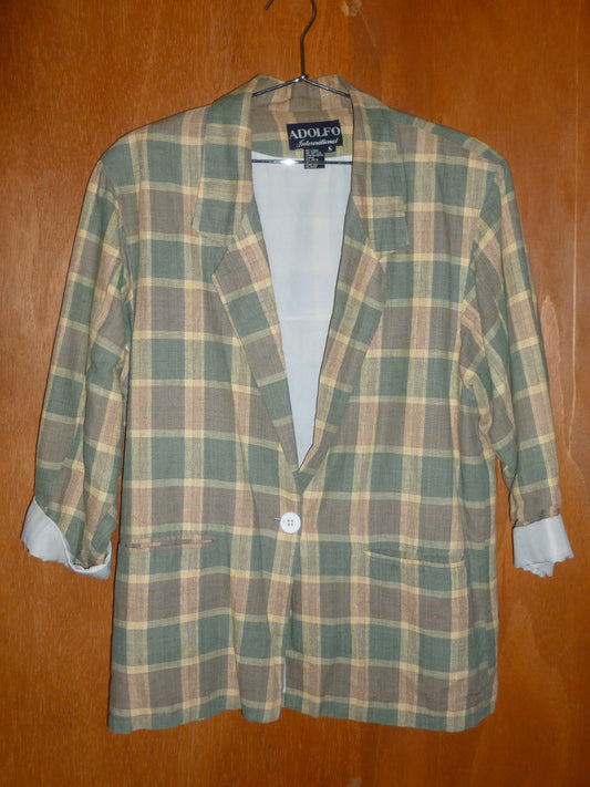 Moss Plaid Linen-Blend Blazer (S)